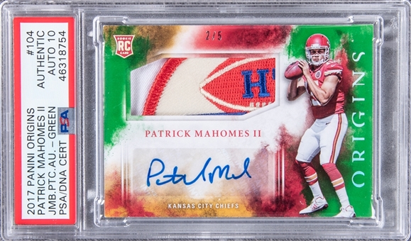 2017 Panini Origins Jumbo Patch Autographs Green #104 Patrick Mahomes II Signed Patch Rookie Card (#2/5) - PSA Authentic, PSA/DNA 10